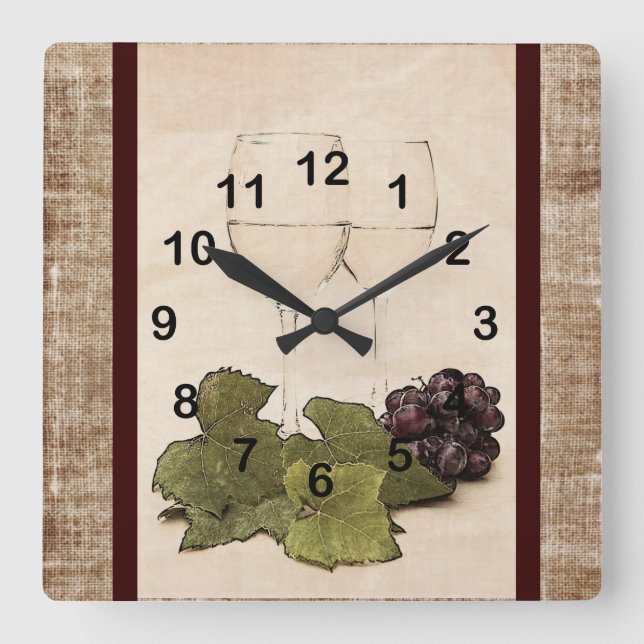 Relógio Quadrado wineglasses elegantes com pulso de disparo da uva (Frente)