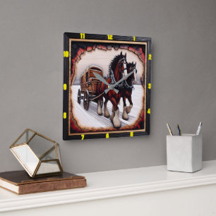 Relógio Quadrado Winter Haul: Personalizada Madeira Charred Clydesd