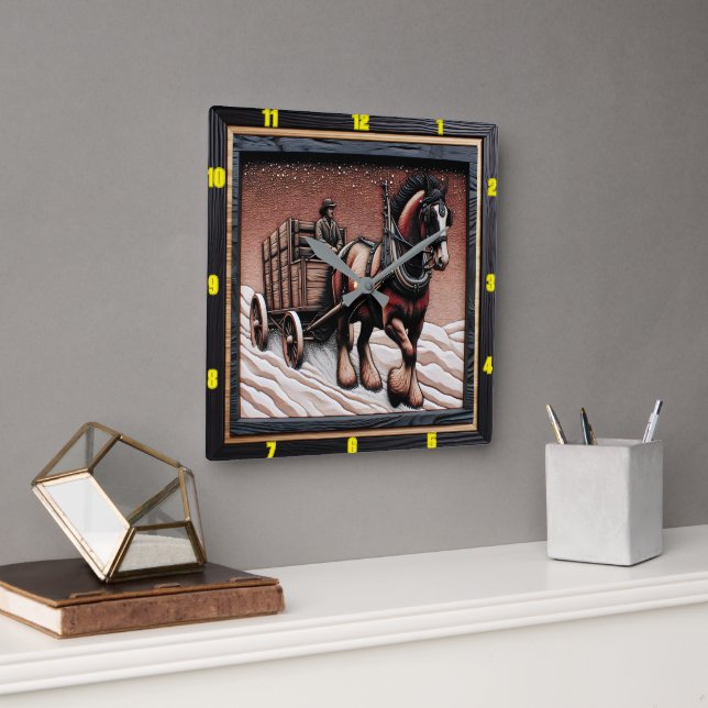 Relógio Quadrado Winter Haul: Personalizável Charred Wood Clydesdal (Escritório)