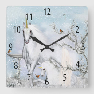 Relógio Quadrado Winter Unicorn And Foal, Wall Clock