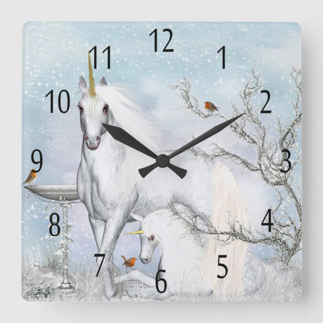 Relógio Quadrado Winter Unicorn And Foal, Wall Clock (Frente)