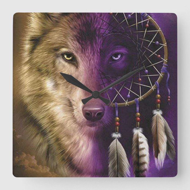 Relógio Quadrado Wolf and Dream Catcher (Frente)