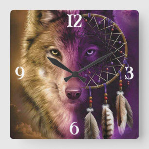 Relógio Quadrado Wolf e Dream Catcher Square Wall Clock