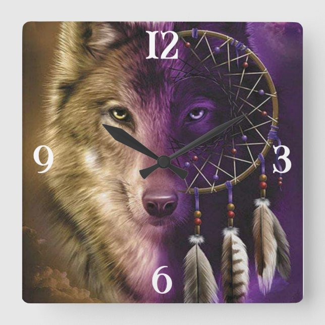 Relógio Quadrado Wolf e Dream Catcher Square Wall Clock (Frente)
