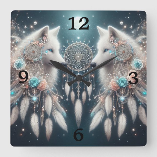 Relógio Quadrado Wolf e Dreamcatchers do Estilo Boêmico (Frente)