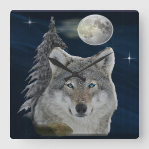 Relógio Quadrado Wolf Howling e Lua