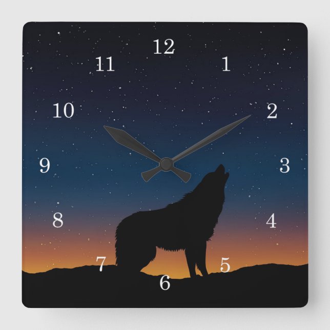 Relógio Quadrado Wolf Howling Silhouette no Sunset Wall Clock (Frente)
