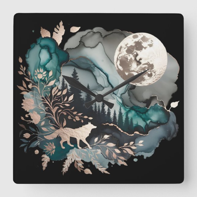Relógio Quadrado Wolf Landscape & Moon Teal Dourado (Frente)