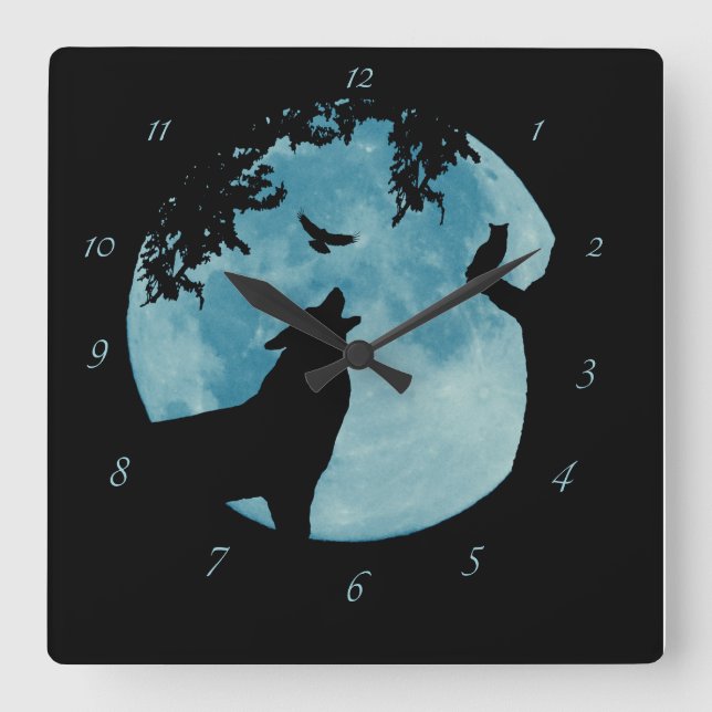 Relógio Quadrado Wolf Moon Raven Owl Wildlife Clock (Frente)