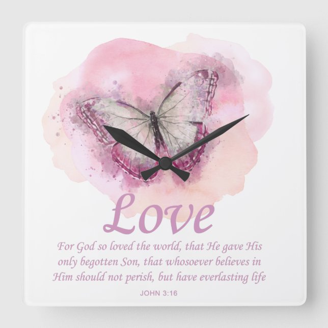 Relógio Quadrado Women's Christian Bible Verse Butterfly: Love (Frente)