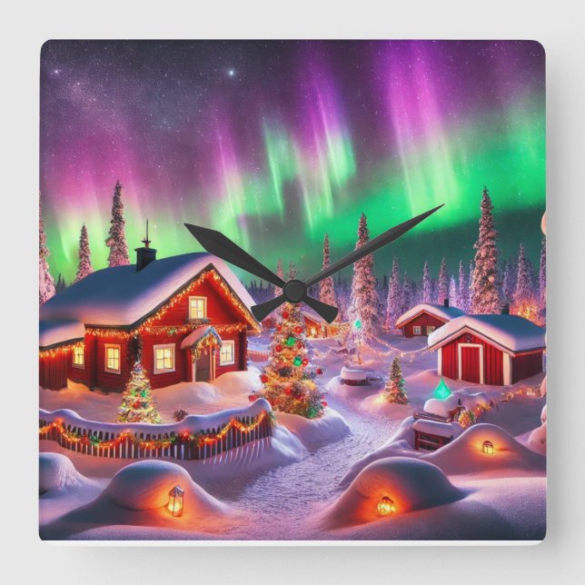 Relógio Quadrado Wonderland de inverno mágico: aldeia de Papais noe (Frente)