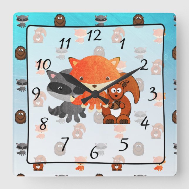 Relógio Quadrado Woodland Creature Forest Animal Baby Nursery Clock (Frente)