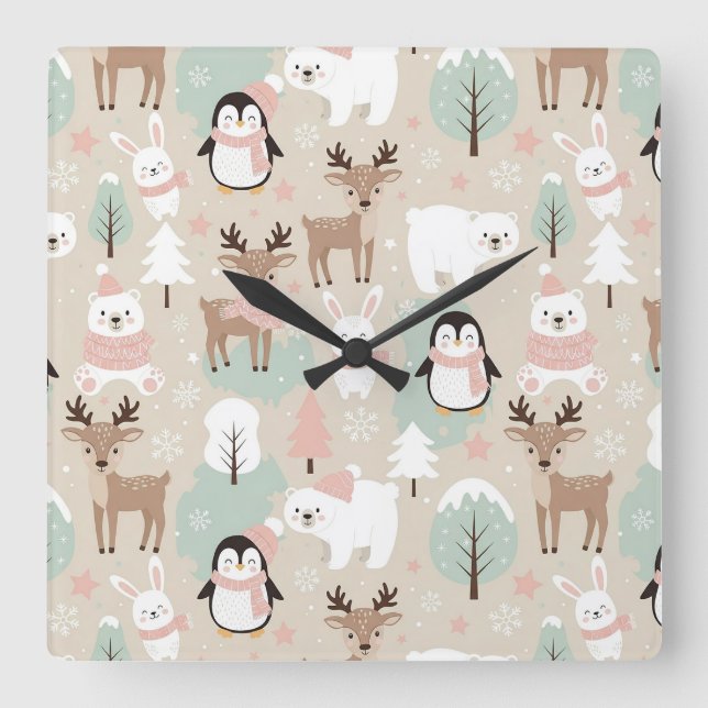 Relógio Quadrado Woodland Whimsical Forest Animals Winter (Frente)