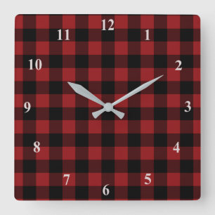 Relógio Quadrado Xadrez Preta e Vermelha Verificada