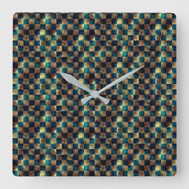 Relógio Quadrado Xadrez sujo e efeito arranhado, amarelo e azul (Frente)