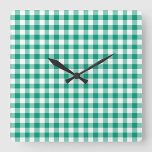 Relógio Quadrado Xadrez Verde Esmeralda e Branco Gingham
