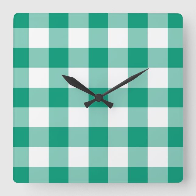 Relógio Quadrado Xadrez Verde Esmeralda E Branco Padrão Gingham (Frente)