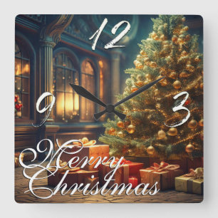 Relógio Quadrado Xmas Motif com presentes na árvore de Natal