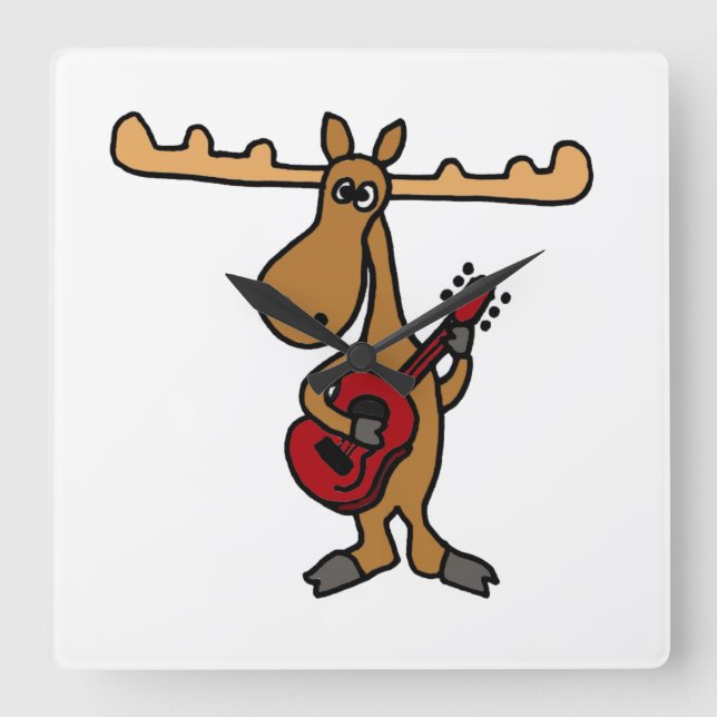 Relógio Quadrado XX - Moose Engraçada Tocando Cartoon de Violão (Frente)