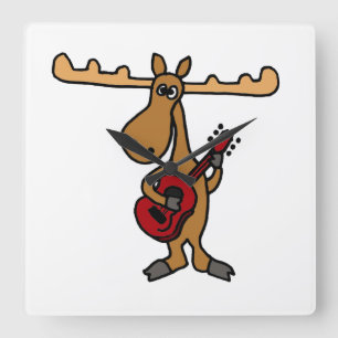 Relógio Quadrado XX - Moose Engraçada Tocando Cartoon de Violão