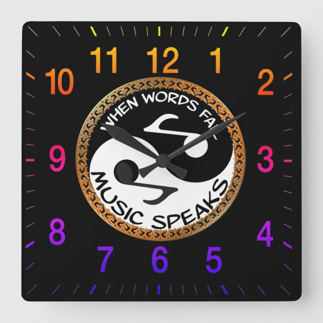 Relógio Quadrado Yin Yang com palavras musicais com números arco-ír (Frente)