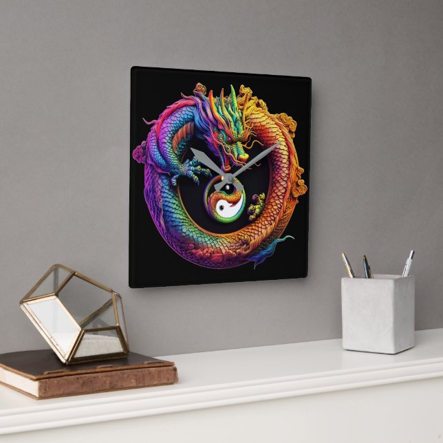 Relógio Quadrado Yin Yang Dragon Wall Clock (Escritório)
