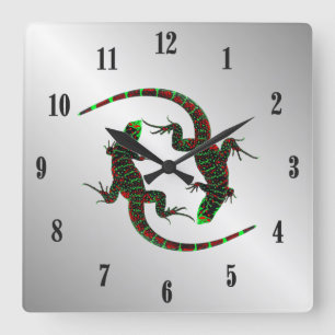 Relógio Quadrado Yin Yang Lizards Números Pretos Prateados