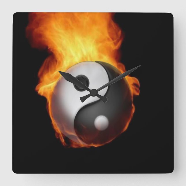 Relógio Quadrado Yin Yang no Fogo Wall Clock (Frente)