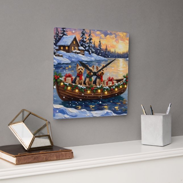 Relógio Quadrado Yorkipoo Christmas Boat Holiday (Escritório)