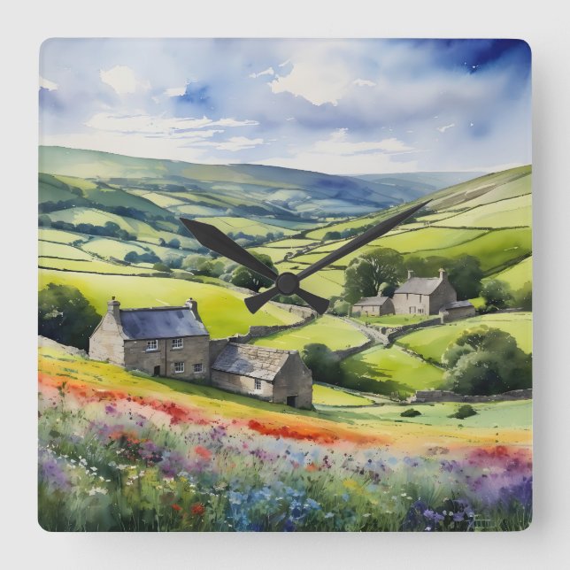 Relógio Quadrado "Yorkshire Meadowsong" Landscape Yorkshire Dales (Frente)