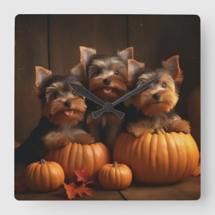 Relógio Quadrado Yorkshire Terrier Puppy Autumn Delight Pumpkin