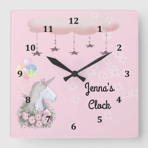 Relógio Quadrado Young Girls Wall Clock com Unicorn
