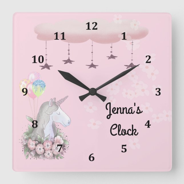Relógio Quadrado Young Girls Wall Clock com Unicorn (Frente)