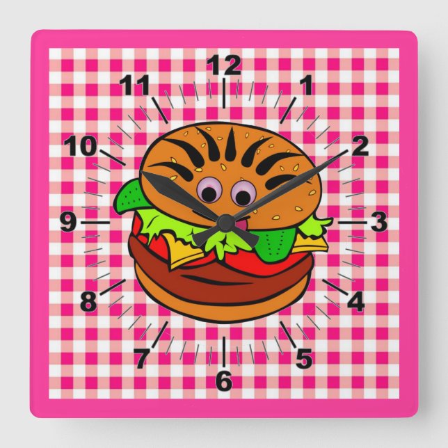 Relógio Quadrado Yummy Hamburger Wall Clock (Frente)