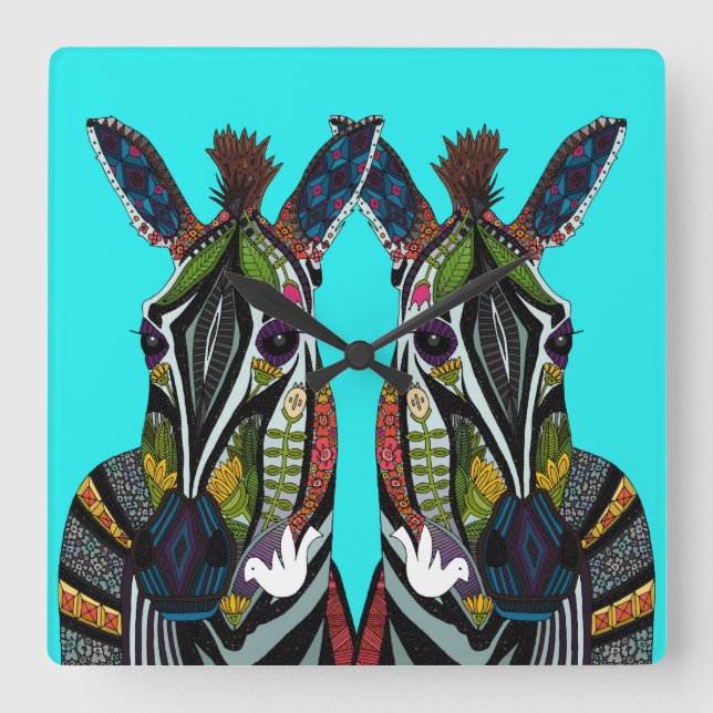 Relógio Quadrado zebra amor turquesa (Frente)