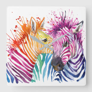 Relógio Quadrado Zebra Rainbow Wall Clock