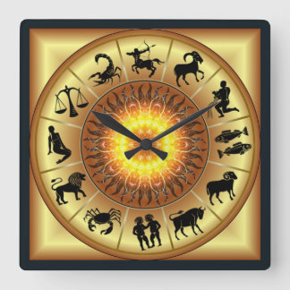 Relógio Quadrado Zodiac~Sol Torrado~Astrologia Ocidental~Dourado Ba