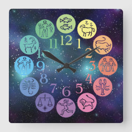 Relógio Quadrado Zodiac Wheel Colorful Horoscope Sinais Cósmicos