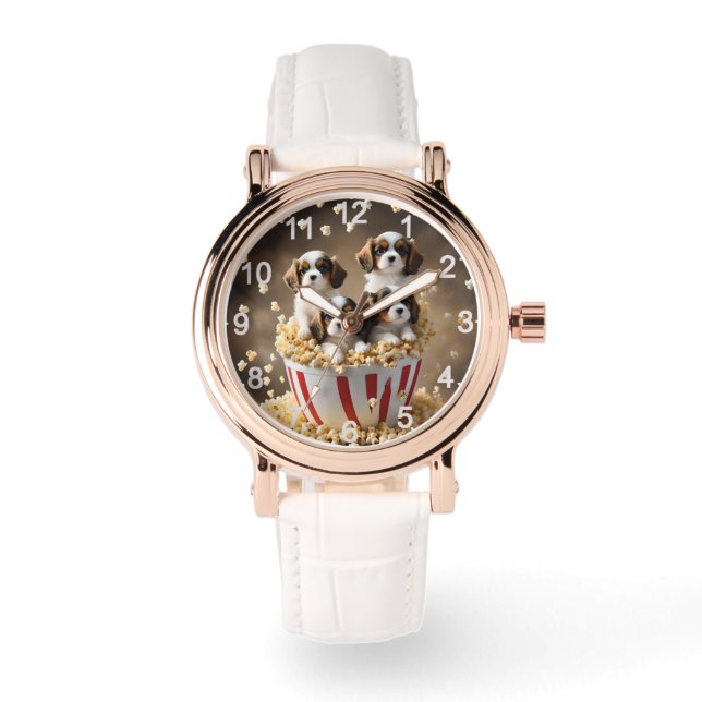 Relógio Quads Cavalier Spaniel Puppies Na Pipoca, (Frente)