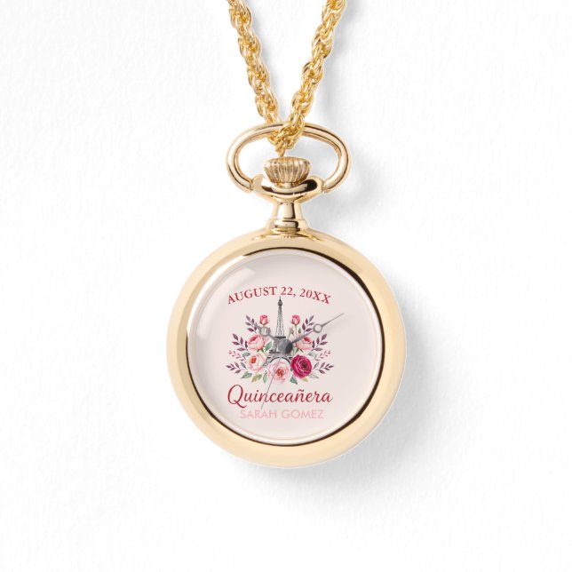 Relógio quinceanera floral da torre eiffel (Frente)