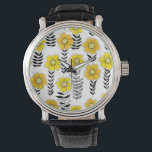 Relógio Rabiscos de margarida em amarelo e preto<br><div class="desc">Padrão floral bonito desenhado no estilo de rabisco.</div>