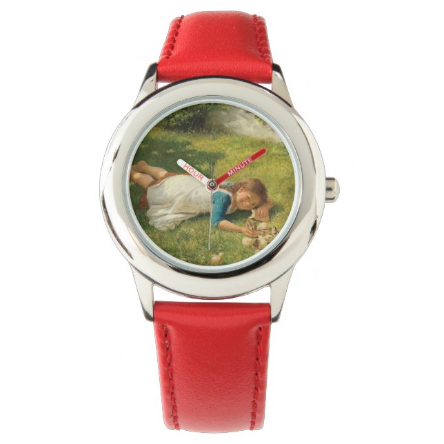 Relógio Rapariga Brincando com Pintinhos (Galinha e Galinh (Frente)