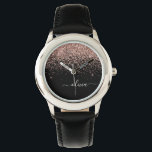 Relógio Rapariga do Monograma de Script Brilhante Cor-de-r<br><div class="desc">Preto e Rosa Dourado - Controle de Nome do Monograma do Script Glitter Brilhante Cor-de-Rosa Esbranquiçada. Isto faz o doce e perfeito aniversário de 16 anos,  casamento,  chá de panela,  aniversário,  chá de fraldas ou festa de solteira presente para alguém que ama luxo de luxo e estilos quíticos.</div>