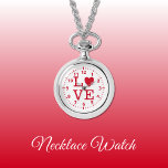 Relógio Red and White Love Neclace Watch<br><div class="desc">Presente do Necklace Watch. Com a palavra "amor" e uma forma cardíaca substituindo a letra O. Vermelho e branco</div>