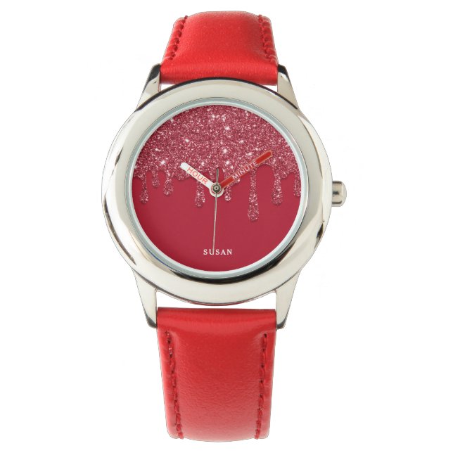 Relógio Red Glitter Drill Personalizado Name Wrist Watch (Frente)