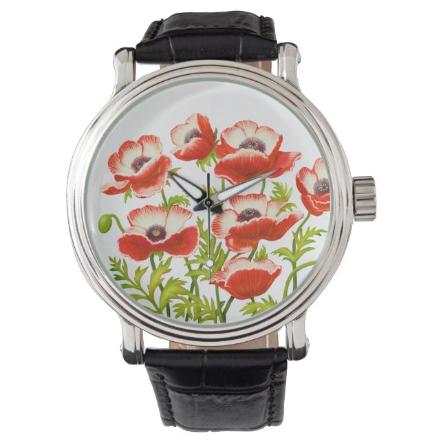 Relógio Red Oriental Poppy Flowers Watch (Frente)