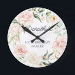 Relógio Redondo 100º Aniversário Rosa Rosa Rosa Floral Eucalipto W<br><div class="desc">Um presente ou guardar para um centenário. As rosas cor-de-rosa são aninhadas em folhas verdes de eucalipto. O nome é escrito em bela caligrafia,  com 100º aniversário e data abaixo.</div>