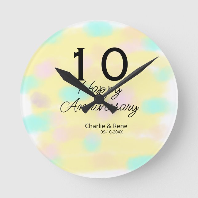 Relógio Redondo 10 wedding anniversary yellow pastel name retro bo (Frente)