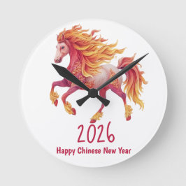 Relógio Redondo 2026 Cavalo Fogueiro – Feliz Ano Novo Chinês