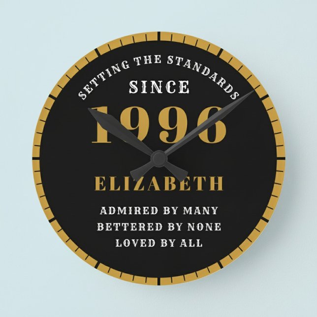 Relógio Redondo 30th Birthday Born 1996 Black Gold (Born 1996 standards birthday clock. Pastel background.)